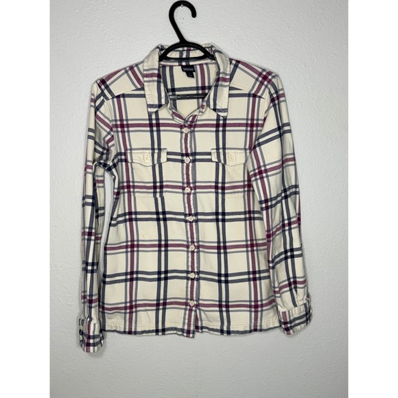 Patagonia Tops - Patagonia Womens Organic Cotton Plaid Button Down Cream Navy Burgundy Size 8